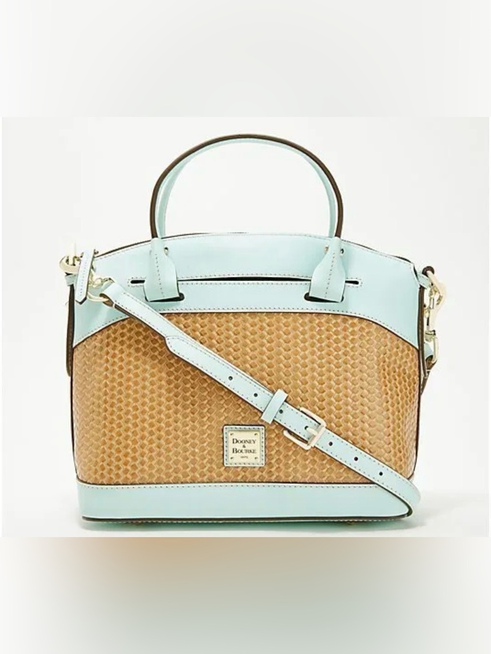 Dooney & Bourke Beacon Woven Domed Satchel in a pale blue/aqua and tan $295